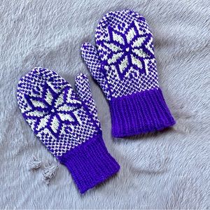 Homemade purple and white mittens
